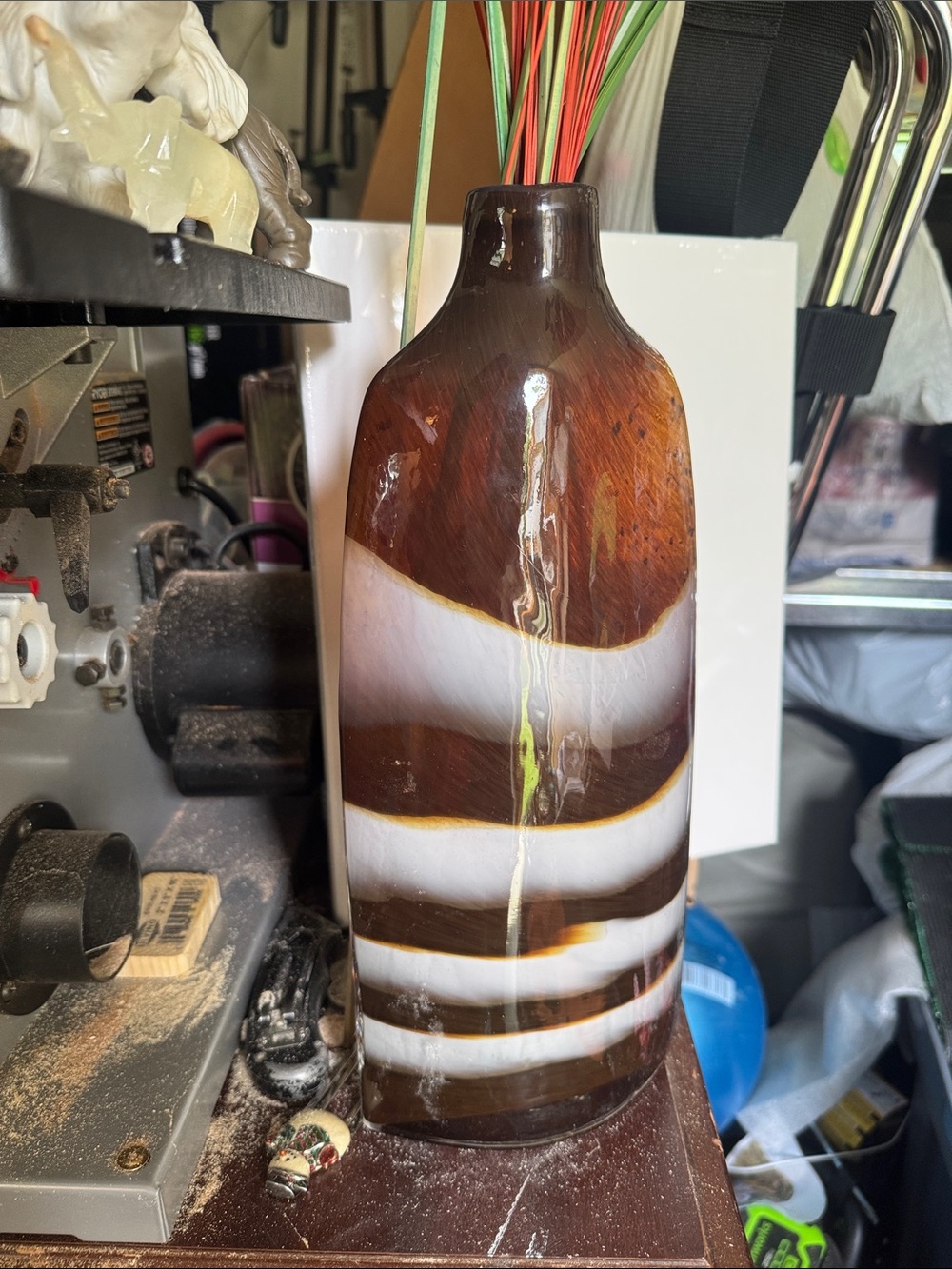 Large Studio Hand-Blown Striped Art Glass Vase in Brown and White - Picture 7 of 8